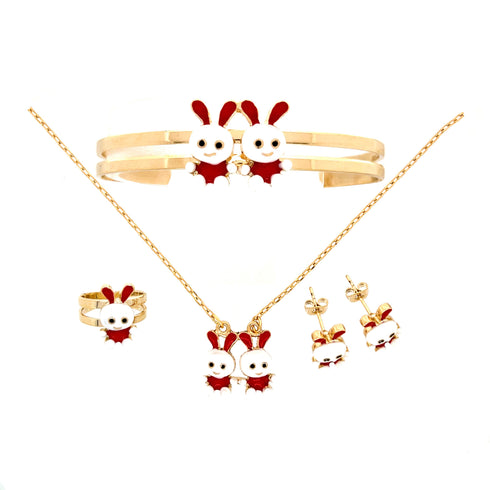 Explore the enchanting Girls Easter Bunny Set, a delightful jewelry collection that includes a necklace, cuff bracelet, earrings, and a ring. Each piece is 10k gold filled and features whimsical red and white rabbit motifs on an elegant metal base, adding a playful touch to any ensemble.